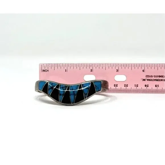Vintage Mexico Silver Bangle Bracelet Inlaid Turquoise Onyx Stone Natural Unique - Picture 5 of 6
